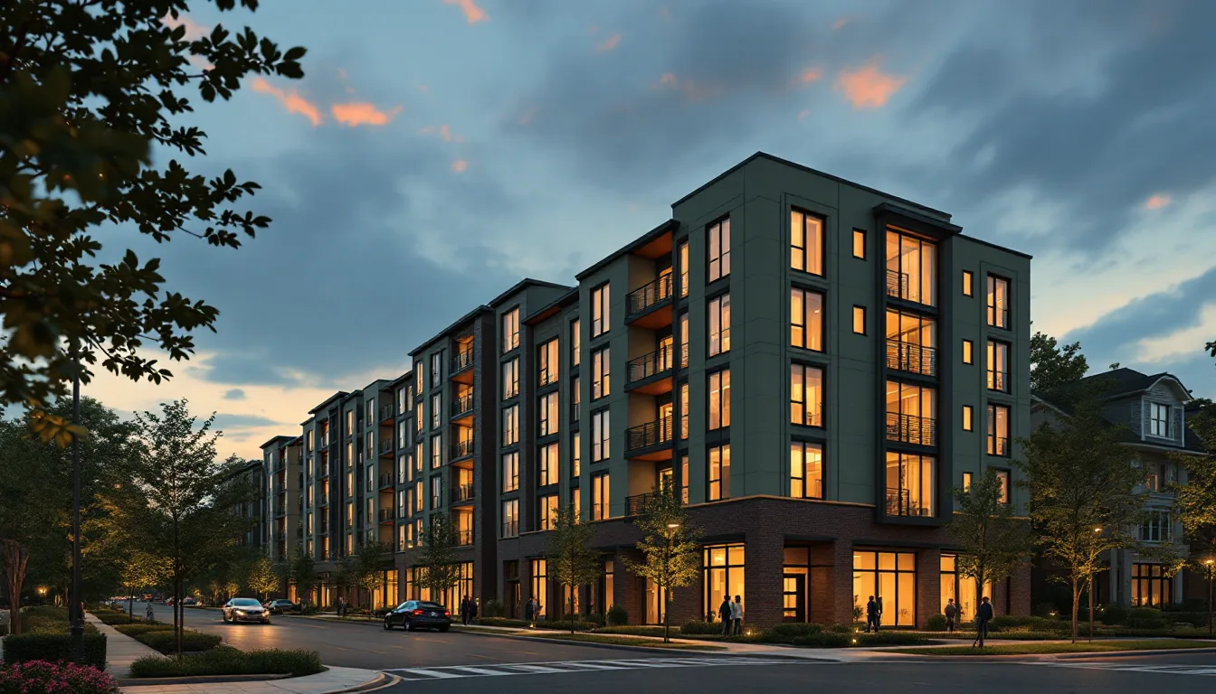 A photoreal rendering of a mid-rise residential building at dusk on a Raleigh street with warm lit windows